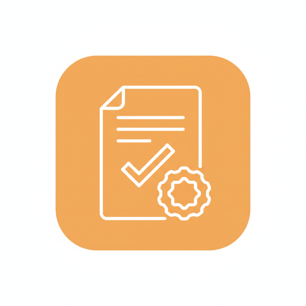 Minimal flat icon, white outline, soft orange rounded-square background, 305x305 px PNG. Theme: Business Registration – certificate/document with checkmark and seal. Clean, modern, simple line-art.